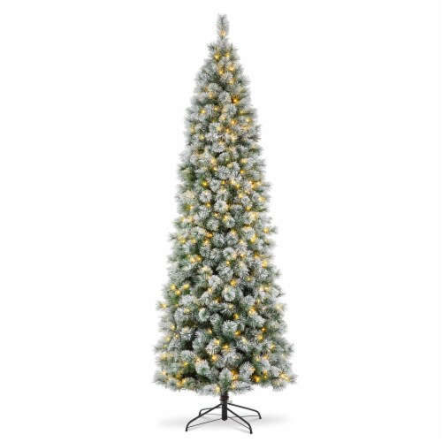 Glitzhome 9 Feet Pre-Lit Flocked Pencil Pine Faux Christmas Tree with 500 Warm White Lights Perspective: left