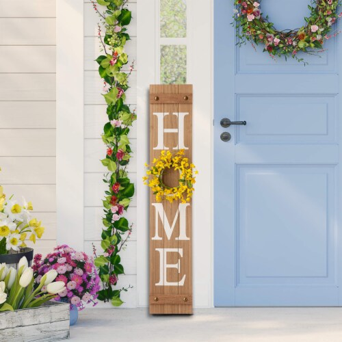 Glitzhome 8 Inch x 42 Inch Tall Wooden Home Porch Sign with 3 Changeable Wreaths - Natural Perspective: left
