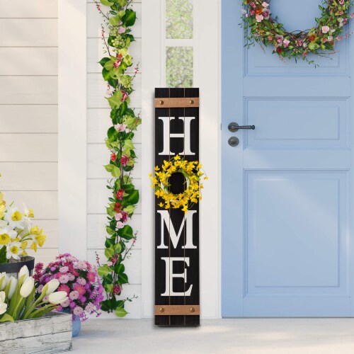 Glitzhome 8 Inch x 42 Inch Tall Wooden Home Porch Sign with 3 Changeable Wreaths - Black Perspective: left