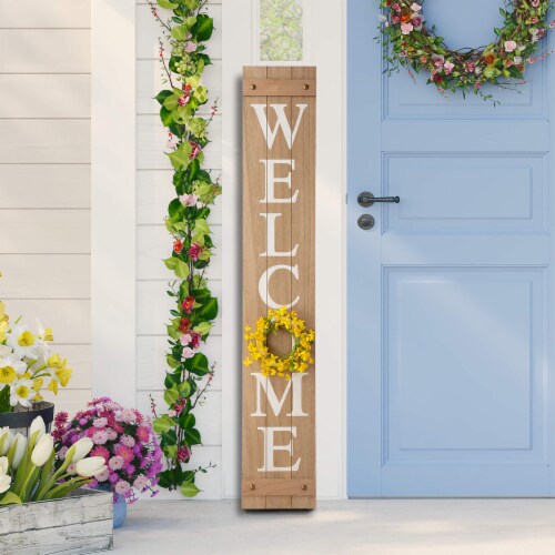 Glitzhome 60 Inch Wooden Welcome Porch Sign with 4 Changeable Wreaths - Natural Wood Perspective: left
