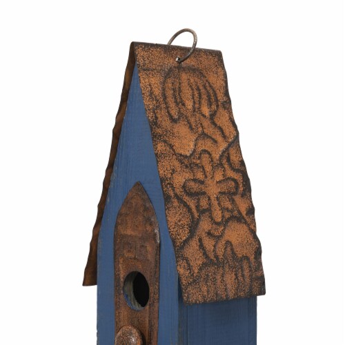 Glitzhome 13.25 Inch Tall Retro Blue Distressed Solid Wood Birdhouse Perspective: left