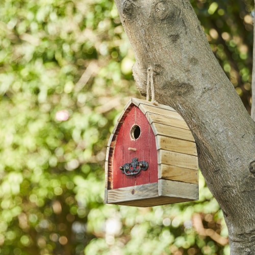 Glitzhome 8.5 H Washed Red Distressed Solid Wood Birdhouse Perspective: left
