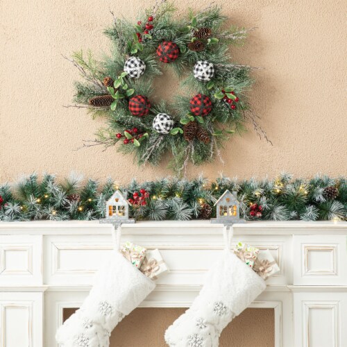 Glitzhome 24 Inch Diameter Frosted Ornament, Berry & Pinecone Wreath Perspective: left
