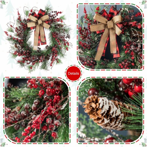 Glitzhome 24 Inch Diameter Frosted Berry, Pine with Bowknot Wreath Perspective: left
