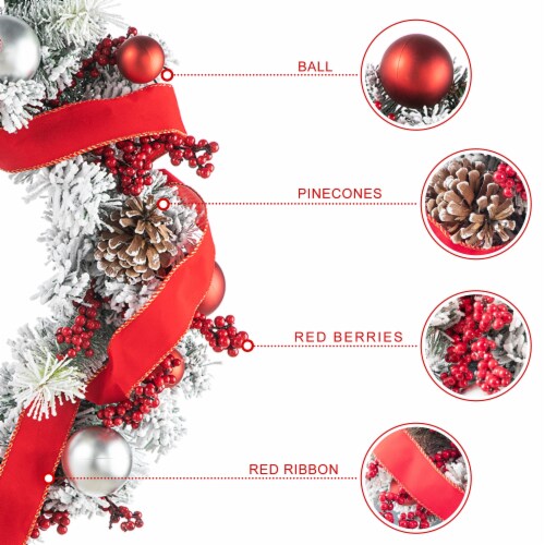 Glitzhome 24 Inch Diameter Flocked Berry, Pinecone Ribbon Wreath Perspective: left