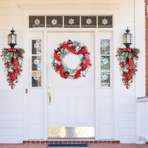 Glitzhome 25 Inch Tall Flocked Berry, Ornament and Pinecone Ribbon Teardrop Perspective: left
