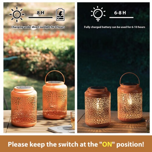 Glitzhome Solar Lights Hanging Lantern Metal Hollowed-Out Design, Set of Two Perspective: left