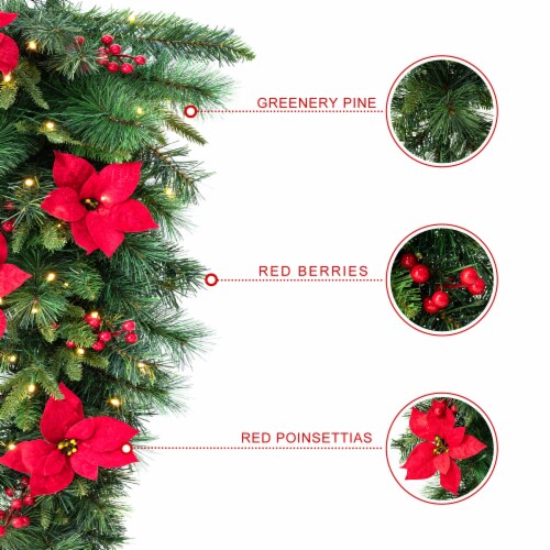 Glitzhome 3 Feet Pine Poinsettia and Berries Christmas Teardrop Swag, 50 Warm White Lights Perspective: left
