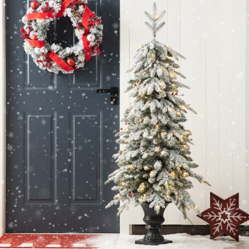 Glitzhome Two Pack 5 Feet Flocked Fir Christmas Porch Tree with