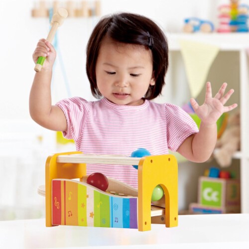 Hape Kids Wooden Musical Instrument Rainbow Pound and Tap Bench with Xylophone 1 Piece Food 4 Less