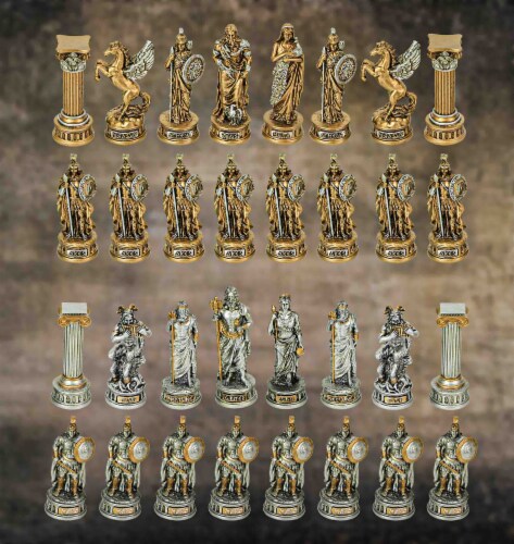 Bronze and Silver Finish Greek / Roman Gods Pantheon Chessmen Set Chess Pieces Perspective: left
