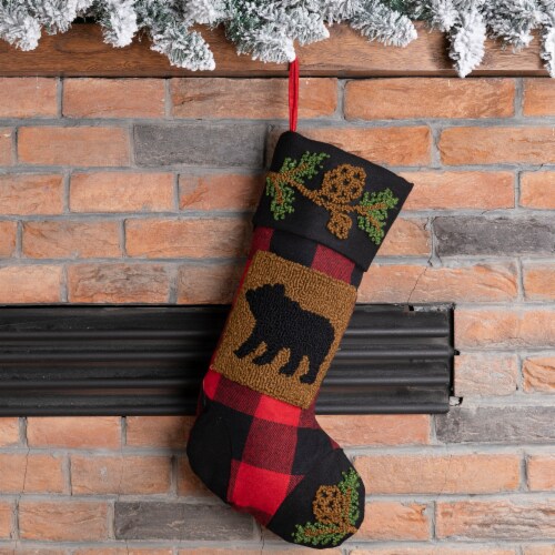 Glitzhome 19 Inch Length Plaid Stocking with Rug Hooked Bear Perspective: left