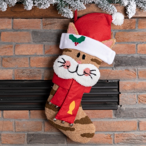 Glitzhome 22 Inch Length Hooked Stocking, 3D Cat Perspective: left