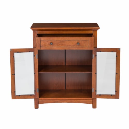 Glitzhome 32 Inch Tall Wooden Shelved Floor Storage Cabinet with 1 Drawer and Double Doors Perspective: left