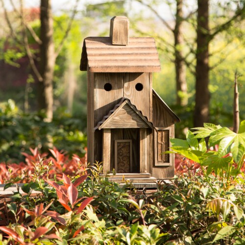 Glitzhome Extra-Large Rustic Natural Wood & Metal Birdhouse Perspective: left