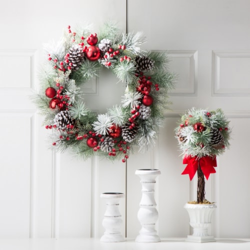 Glitzhome 24 Inch Diameter Flocked Pinecone & Ornament Wreath Perspective: left
