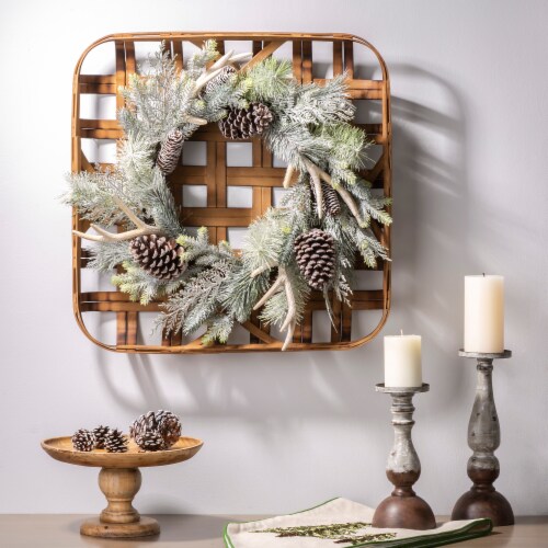 Glitzhome Bamboo Tobacco Basket with Flocked Pinecone & Antler Wreath - Green Perspective: left