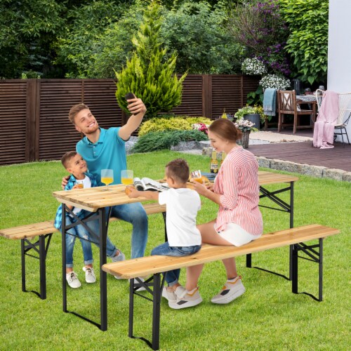 3 PCS Beer Table Bench Set Folding Wooden Top Picnic Table Patio