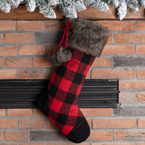 Glitzhome 21 Inch Length Fur Black/Red Buffalo Plaid Stocking Perspective: left