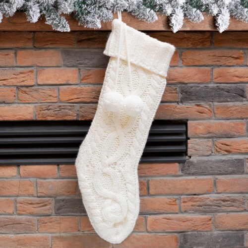 Glitzhome 24 Inch Length Knitted Polyester Christmas Stocking with Pom Pom Ball-White Perspective: left