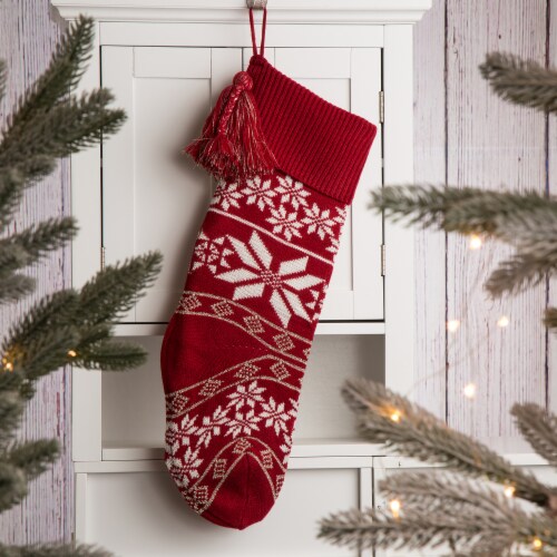 Glitzhome 24 Inch Length Knitted Snowflake Acrylic Christmas Stocking Perspective: left