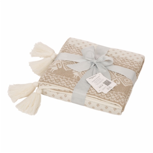 Glitzhome Knitted Beige Gold Lurex Throw Blanket with Tassels Perspective: left