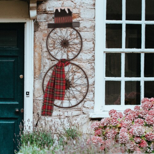 Glitzhome Bicycle Wheel Christmas Porch Sign Snowman Metal Yard Stake, 36 Inch Perspective: left