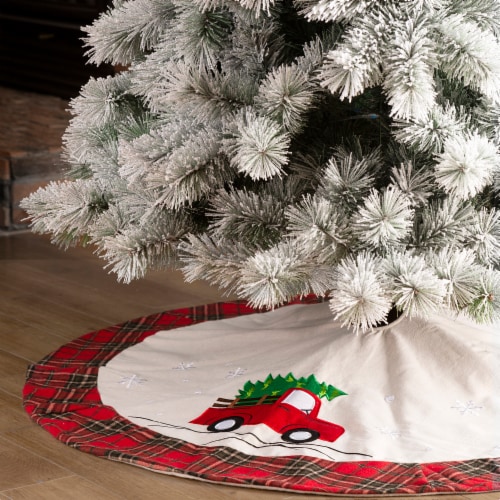 Glitzhome Fabric Christmas Tree Truck Skirt - Light Brown / Red Perspective: left