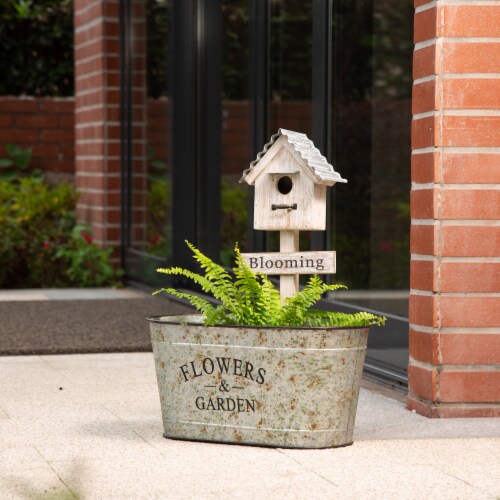 Glitzhome Galvanized Farmhouse Metal Planter with Bird House Perspective: left