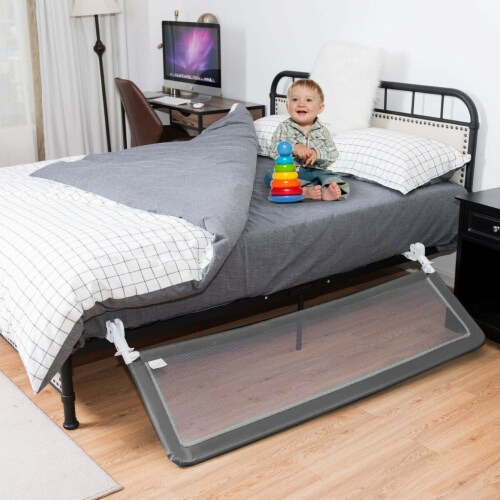 Gymax 59’’ Breathable Baby Children Toddlers Bed Rail Guard Safety Swing Down Gray Perspective: left