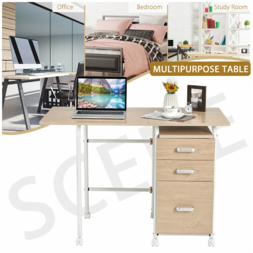 Folding Computer Laptop Desk Wheeled Home Office Furniture With 3 Drawers Perspective: left