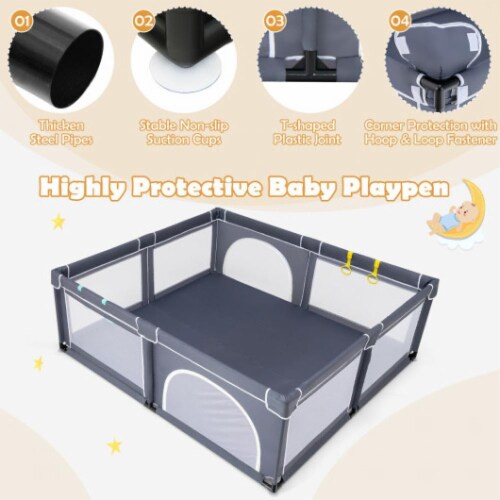 Hivvago Large Infant Baby Playpen Safety Play Center Yard with 50 Ocean Balls-Dark Gray Perspective: left