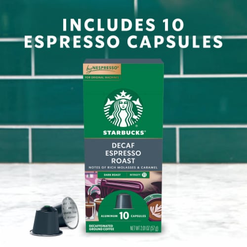 Starbucks Decaf Espresso Dark Roast Coffee Capsules for Nespresso Original Machines Perspective: left