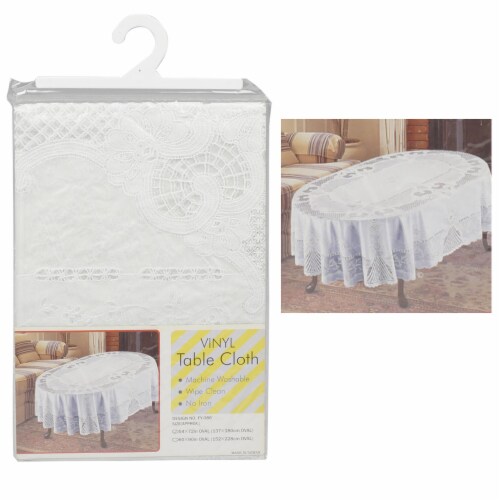 Vinyl White Oval Tablecloth 54 X 72 Design Table Cover Party Easy Wipe Clean Perspective: left