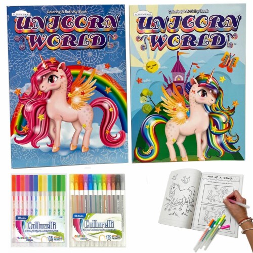 26Pc Activity Coloring Books Set Unicorn Glitter Gel Color Pens Kids Drawing Kit Perspective: left
