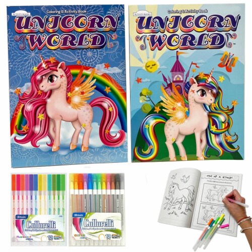 26Pc Activity Coloring Books Set Unicorn Glitter Gel Color Pens