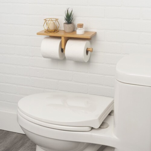 Bamboo Double Dual Toilet Paper Holder with Shelf Perspective: left