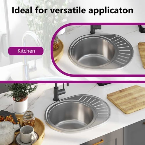 vidaXL Kitchen Sink, Drop-in Sink, Single Bowl, Ø22.4 Inches Stainless Steel Perspective: left