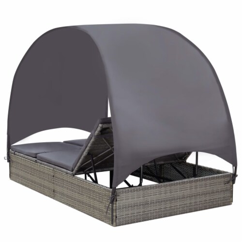 vidaXL Double Sun Lounger with Canopy Poly Rattan Gray N A