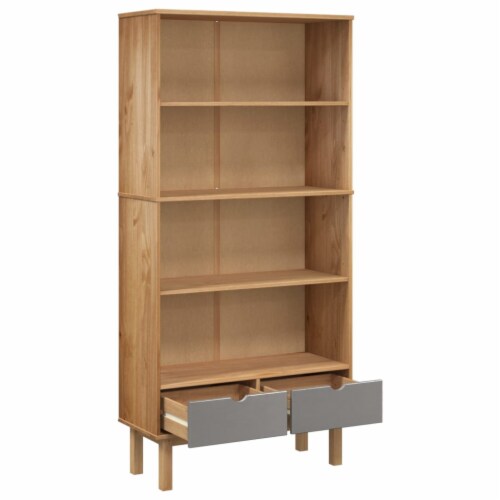 vidaXL Bookcase OTTA with 2 Drawers Brown and Gray Solid Wood Pine Perspective: left