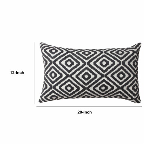 12 x 20 Rectangular Jacquard Cotton Accent Lumbar Pillow, Diamond Pattern, Black, White- Perspective: left