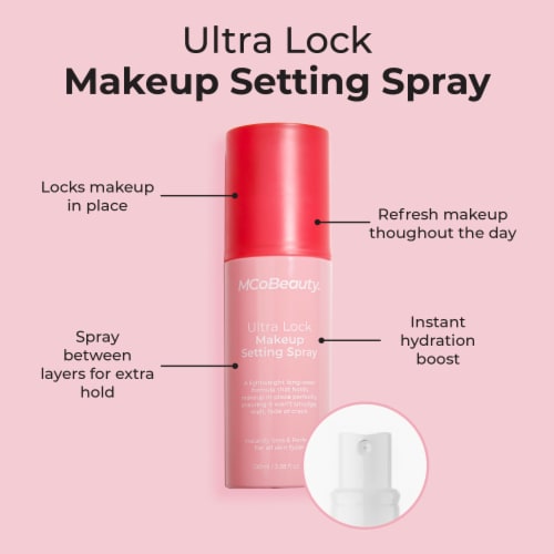 MCoBeauty Super Stay Makeup Setting Spray Locks Makeup in Place Hydrates + Soothes Perspective: left