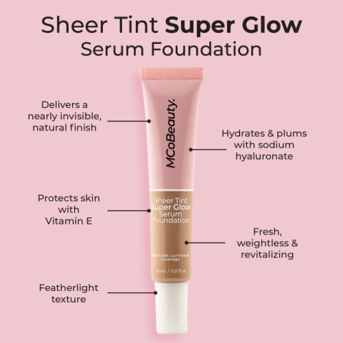 MCoBeauty Super Glow Serum Foundation Sheer Tint Natural + Buildable Coverage 4-5 Medium Perspective: left