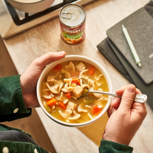 Campbell's Chunky Healthy Request Chicken Noodle Soup Case Lot Sale Perspective: left