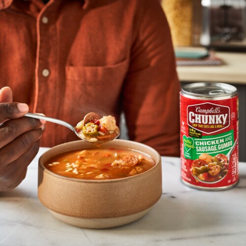 Campbell's Chunky Healthy Request Grilled Chicken & Sausage Gumbo Soup Case Sale Perspective: left