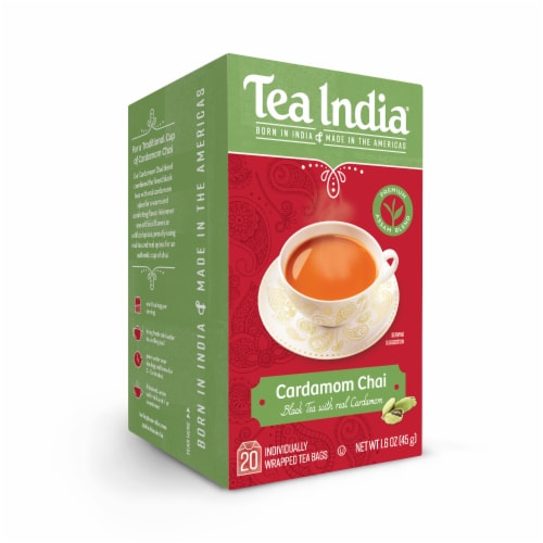 Tea India Premium Red Box Cardamom Chai Tea with 20 Individually Wrapped Teabags Perspective: left