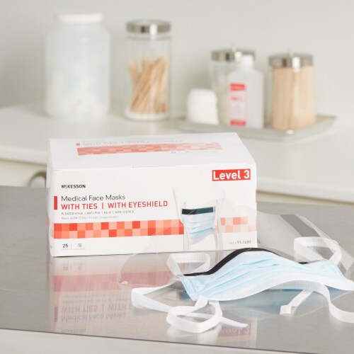 McKesson Surgical Mask with Eye Shield Pleated 25 per Box 91-1600 Perspective: left