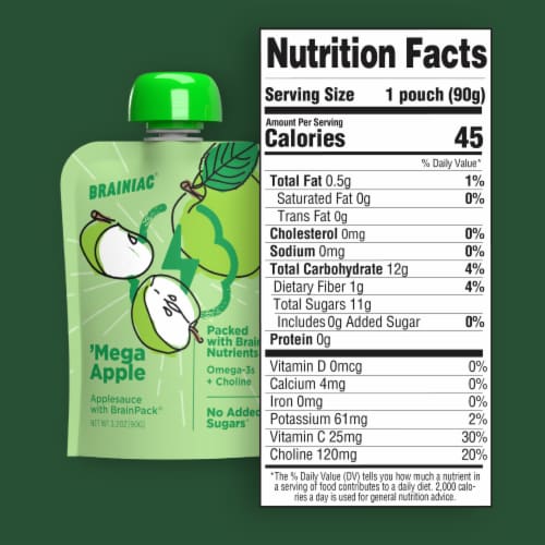 Brainiac Omega-3 Smart Squeezer Applesauce, No Added Sugar, Vitamin C, Apple, 10 Count Perspective: left