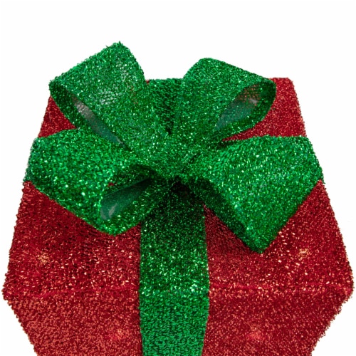 Northlight Set of 3 Lighted Red and Green Tinsel Gift Boxes with Bows Christmas Outdoor Perspective: right