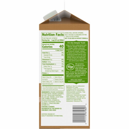 Simple Truth Organic™ Dairy Free Organic Unsweeted Original Almond Milk Half Gallon Perspective: right